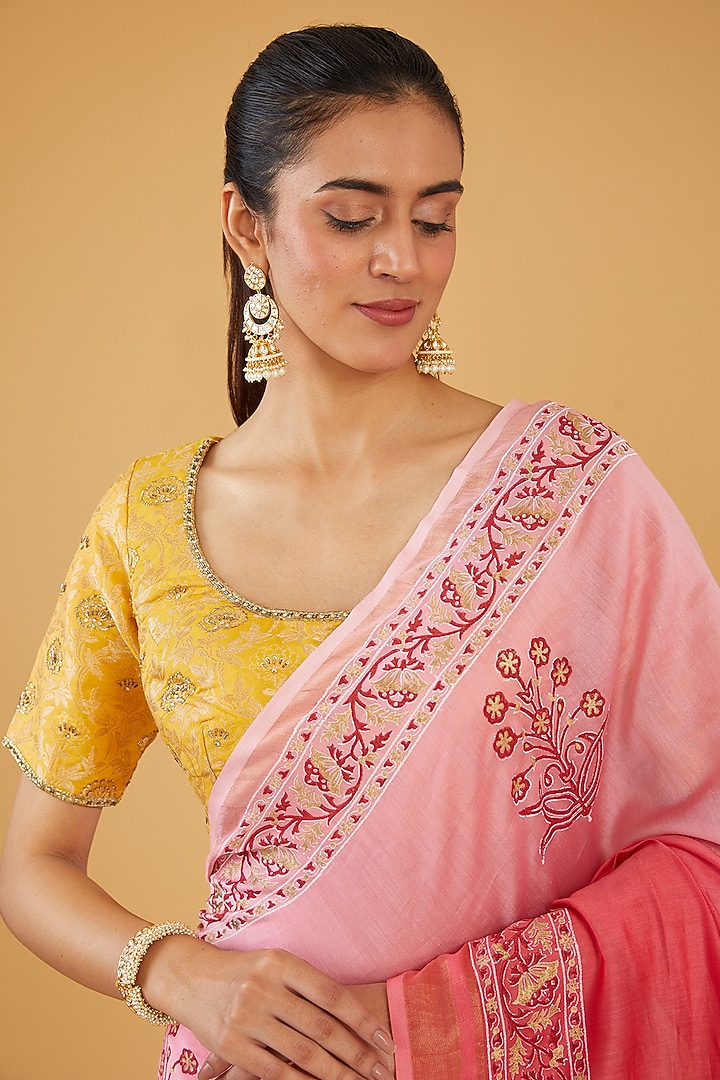 Pink Silk Blend & Viscose Floral Embroidered Party Wear Saree Set by Aharin India at Pernia's Pop Up Shop