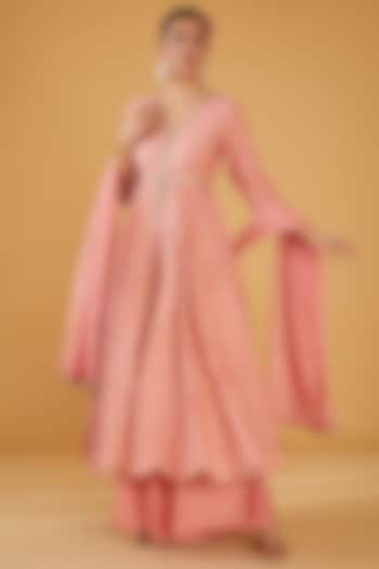 Peach Silk Blend & Viscose Brocade Embroidered Party Wear Anarkali Set by Aharin India at Pernia's Pop Up Shop