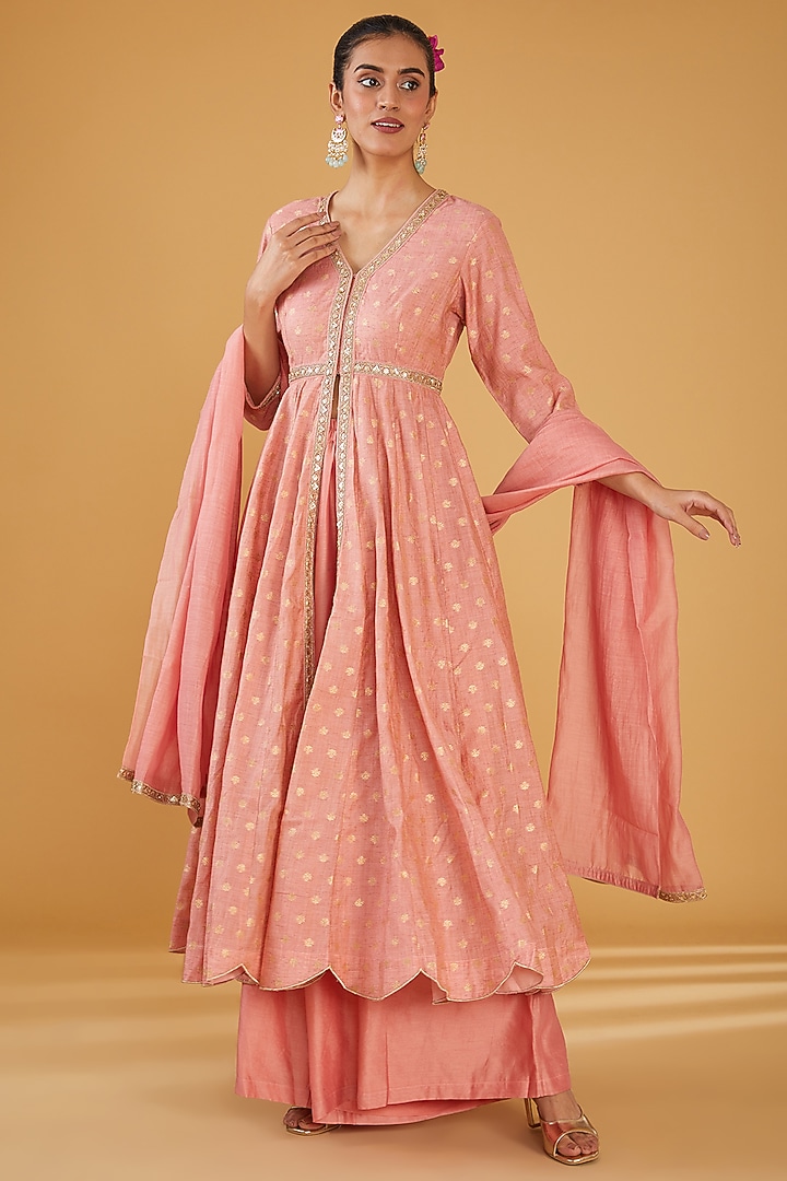 Peach Silk Blend & Viscose Brocade Embroidered Party Wear Anarkali Set by Aharin India at Pernia's Pop Up Shop