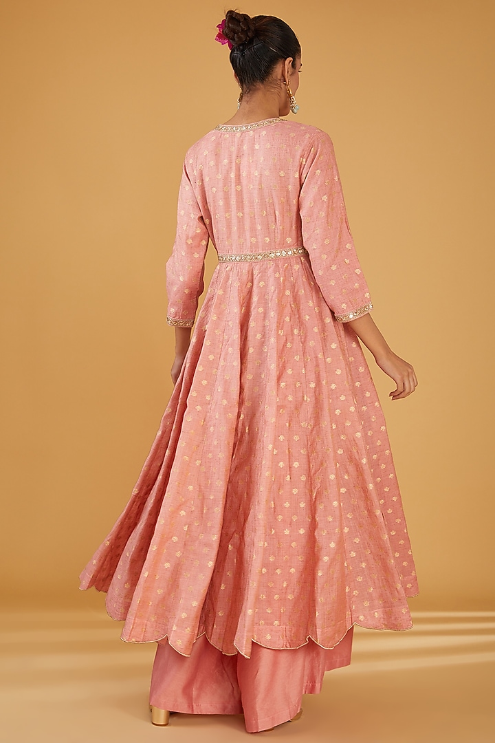 Peach Silk Blend & Viscose Brocade Embroidered Party Wear Anarkali Set by Aharin India at Pernia's Pop Up Shop