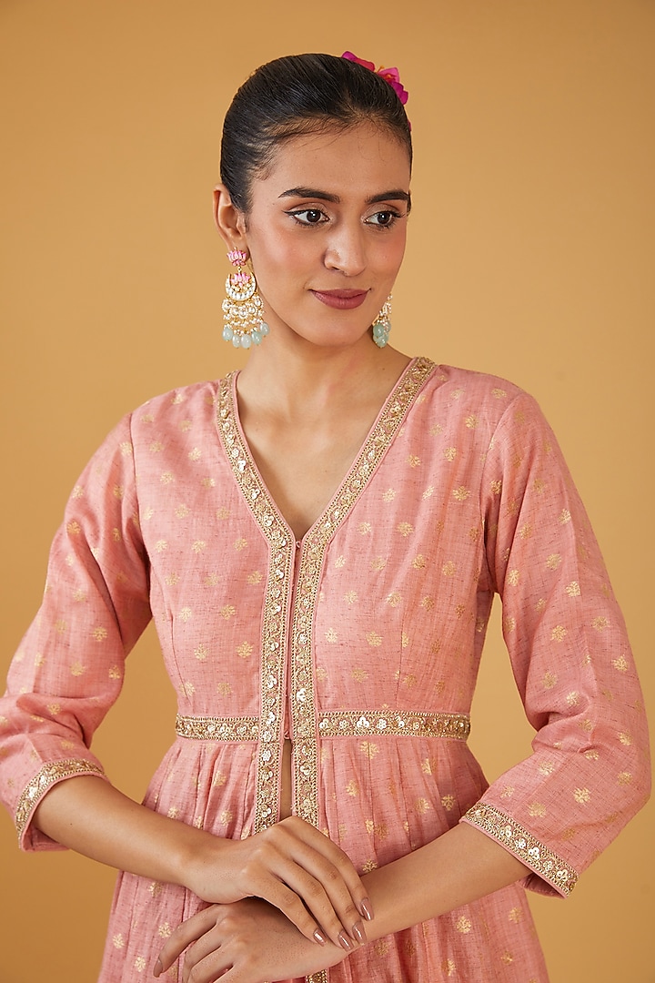 Peach Silk Blend & Viscose Brocade Embroidered Party Wear Anarkali Set by Aharin India at Pernia's Pop Up Shop
