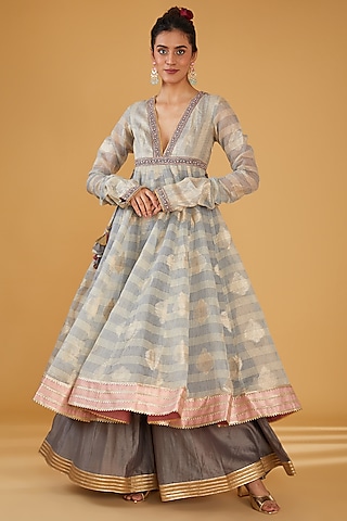 Grey Silk Blend & Viscose Brocade Embroidered Anarkali Set by Aharin India