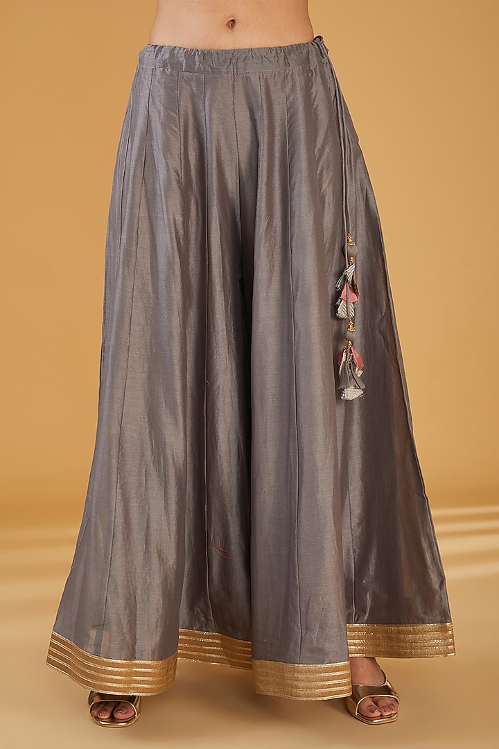 Grey Silk Blend & Viscose Brocade Embroidered Wedding Anarkali Set by Aharin India at Pernia's Pop Up Shop