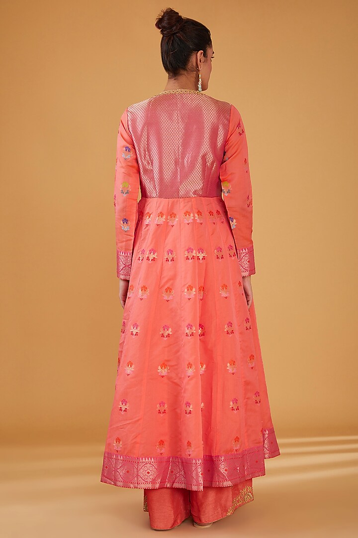 Orange Silk Blend & Viscose Brocade Embroidered Party Wear Anarkali Set by Aharin India at Pernia's Pop Up Shop