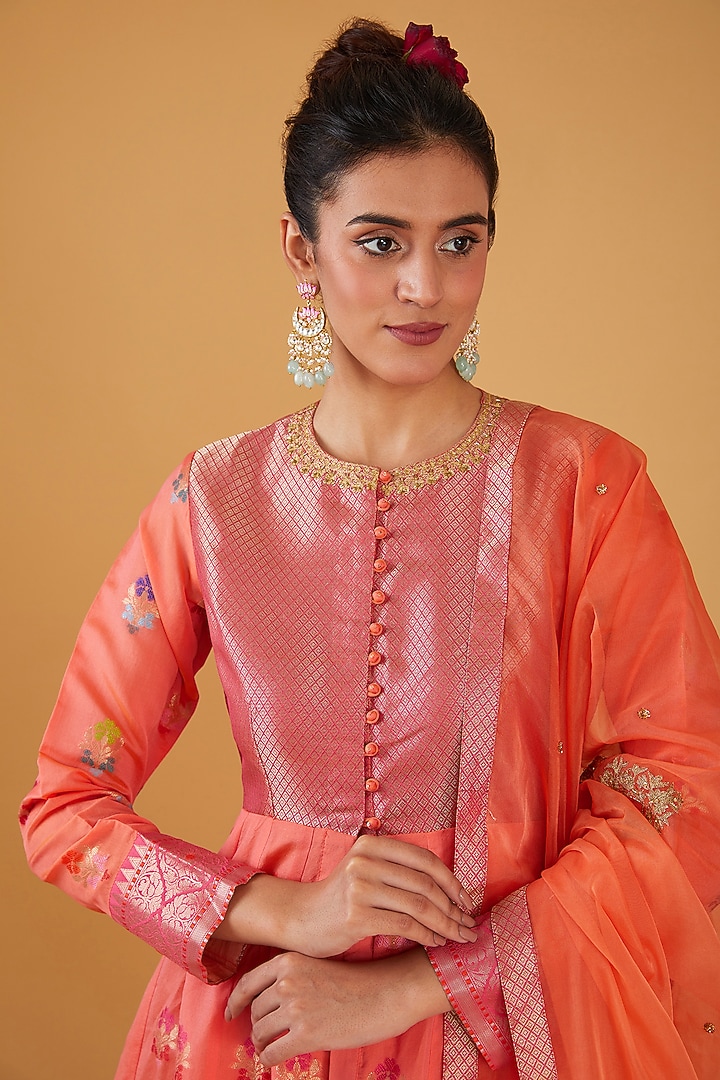 Orange Silk Blend & Viscose Brocade Embroidered Party Wear Anarkali Set by Aharin India at Pernia's Pop Up Shop