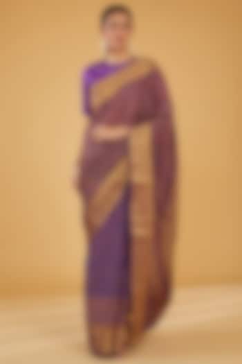 Purple Silk Blend & Viscose Floral Embroidered Wedding Saree Set by Aharin India at Pernia's Pop Up Shop