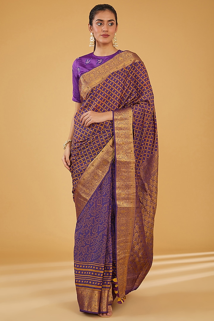 Purple Silk Blend & Viscose Floral Embroidered Wedding Saree Set by Aharin India at Pernia's Pop Up Shop