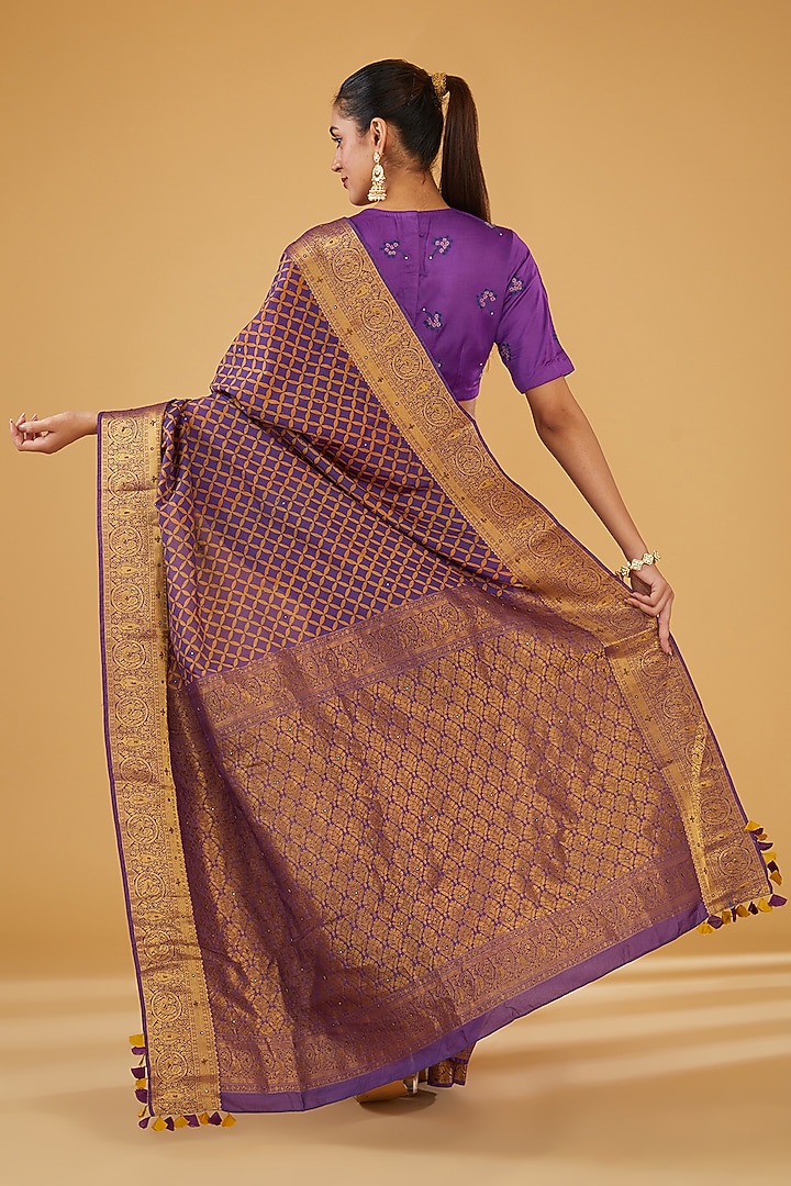 Purple Silk Blend & Viscose Floral Embroidered Wedding Saree Set by Aharin India at Pernia's Pop Up Shop