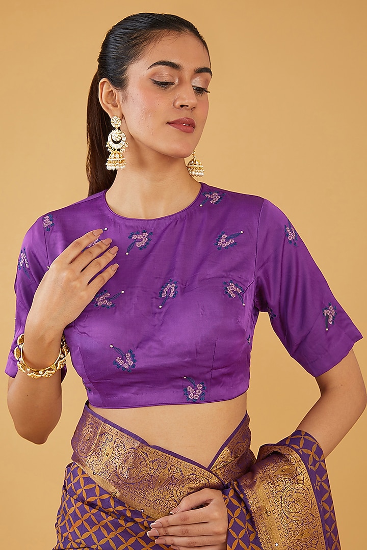 Purple Silk Blend & Viscose Floral Embroidered Wedding Saree Set by Aharin India at Pernia's Pop Up Shop