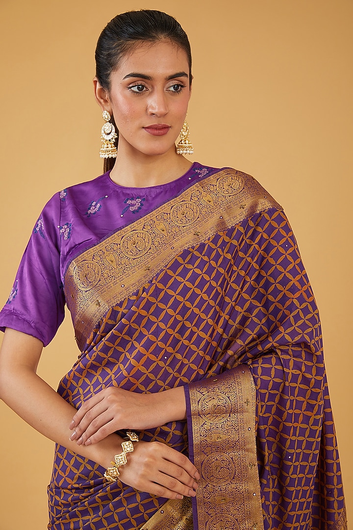 Purple Silk Blend & Viscose Floral Embroidered Wedding Saree Set by Aharin India at Pernia's Pop Up Shop