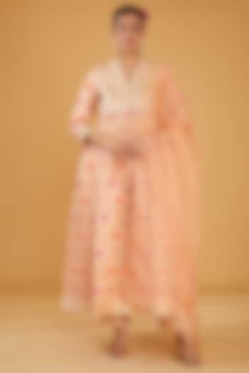 Peach Silk Blend & Viscose Brocade Embroidered Party Wear Anarkali Set by Aharin India at Pernia's Pop Up Shop