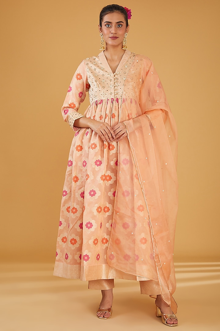Peach Silk Blend & Viscose Brocade Embroidered Party Wear Anarkali Set by Aharin India at Pernia's Pop Up Shop
