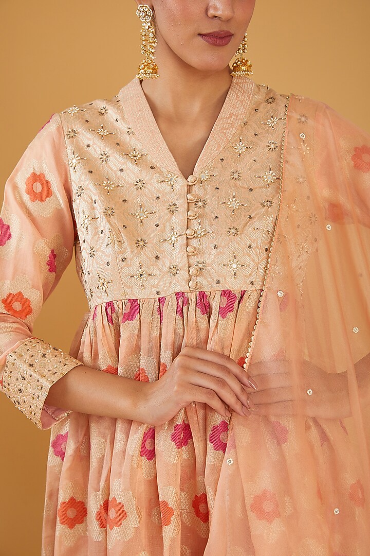 Peach Silk Blend & Viscose Brocade Embroidered Party Wear Anarkali Set by Aharin India at Pernia's Pop Up Shop