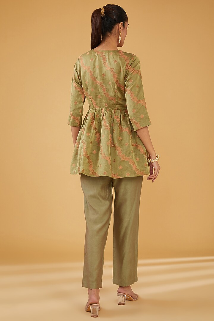 Olive Green Silk Blend & Viscose Brocade Embroidered Co-Ord Set by Aharin India at Pernia's Pop Up Shop