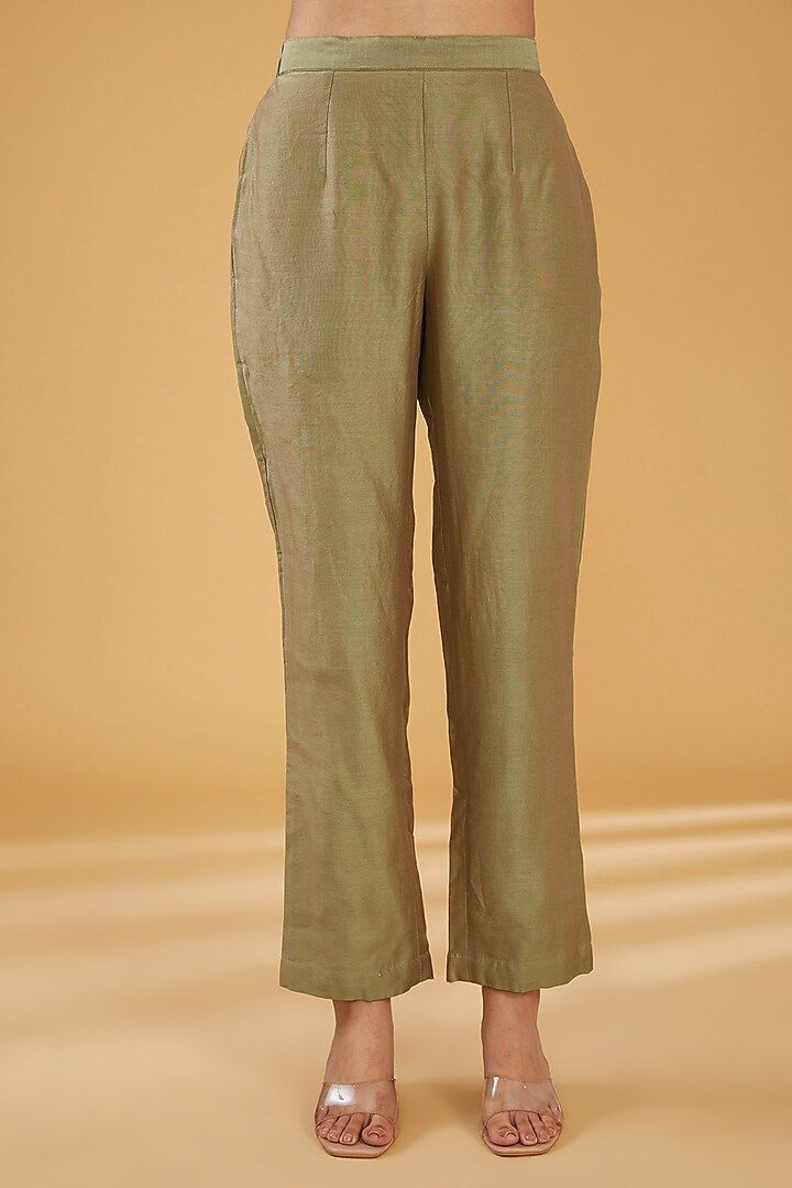 Olive Green Silk Blend & Viscose Brocade Embroidered Co-Ord Set by Aharin India at Pernia's Pop Up Shop