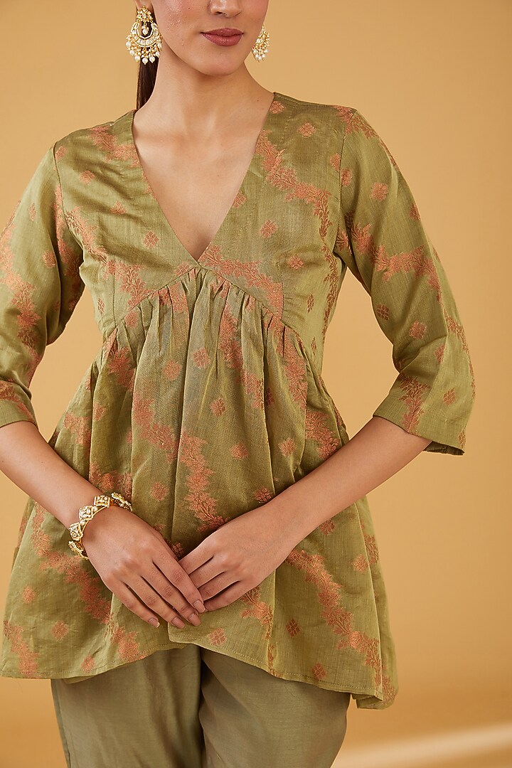Olive Green Silk Blend & Viscose Brocade Embroidered Co-Ord Set by Aharin India at Pernia's Pop Up Shop