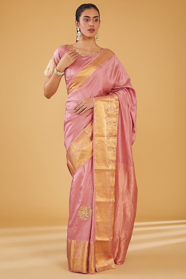 Pink Silk Blend & Viscose Zari Embroidered Wedding Saree Set by Aharin India at Pernia's Pop Up Shop