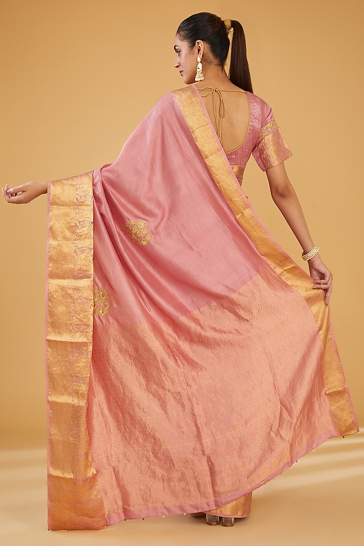 Pink Silk Blend & Viscose Zari Embroidered Wedding Saree Set by Aharin India at Pernia's Pop Up Shop