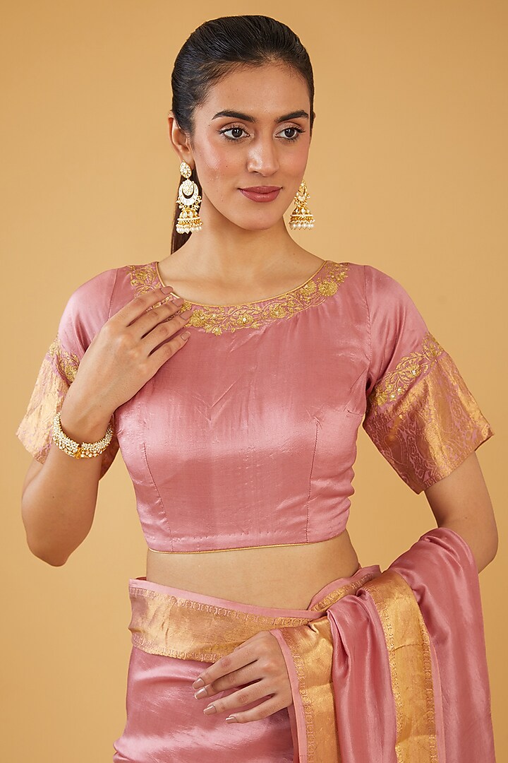 Pink Silk Blend & Viscose Zari Embroidered Wedding Saree Set by Aharin India at Pernia's Pop Up Shop