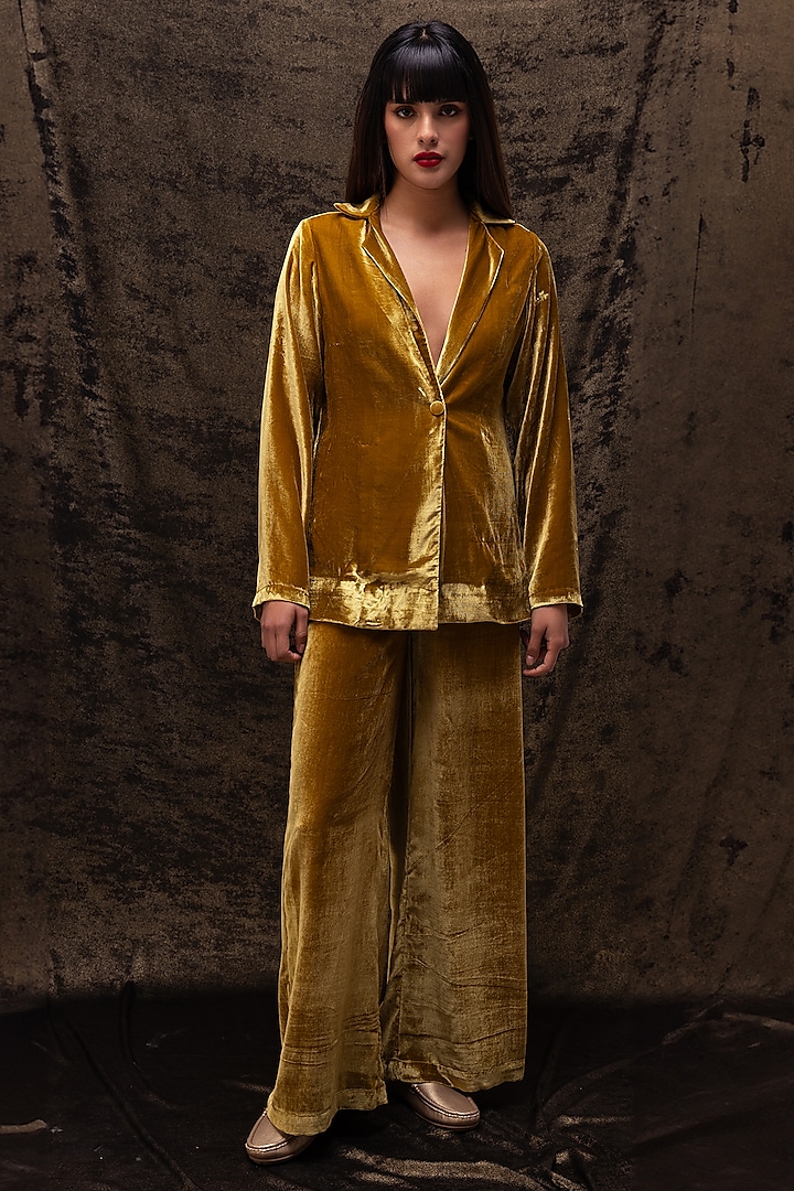 Golden Yellow Silk Velvet Jacket Set by Reena Sharma