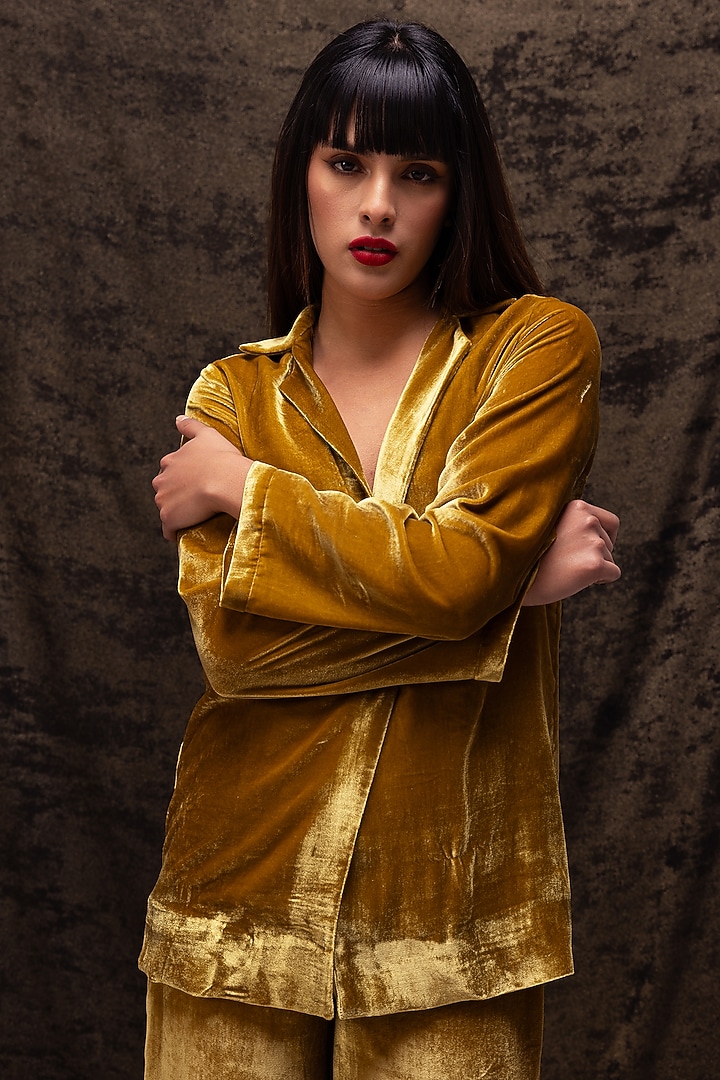 Golden Yellow Silk Velvet Jacket Set by Reena Sharma at Pernia's Pop Up Shop