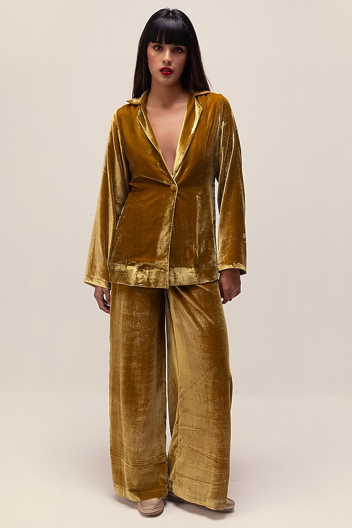 Golden Yellow Silk Velvet Jacket Set by Reena Sharma at Pernia's Pop Up Shop