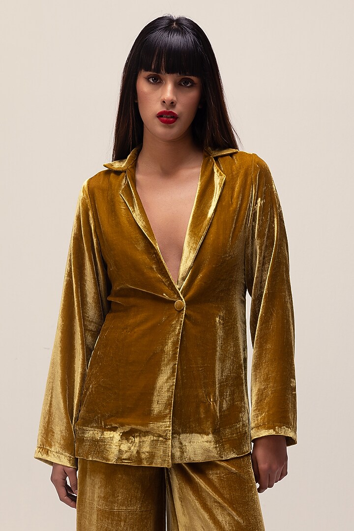 Golden Yellow Silk Velvet Jacket Set by Reena Sharma at Pernia's Pop Up Shop