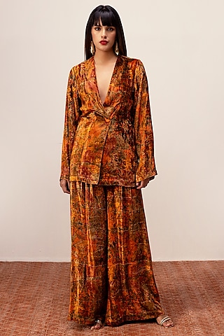 Rust Soft Velvet Abstract Floral Printed Co-Ord Set by Reena Sharma