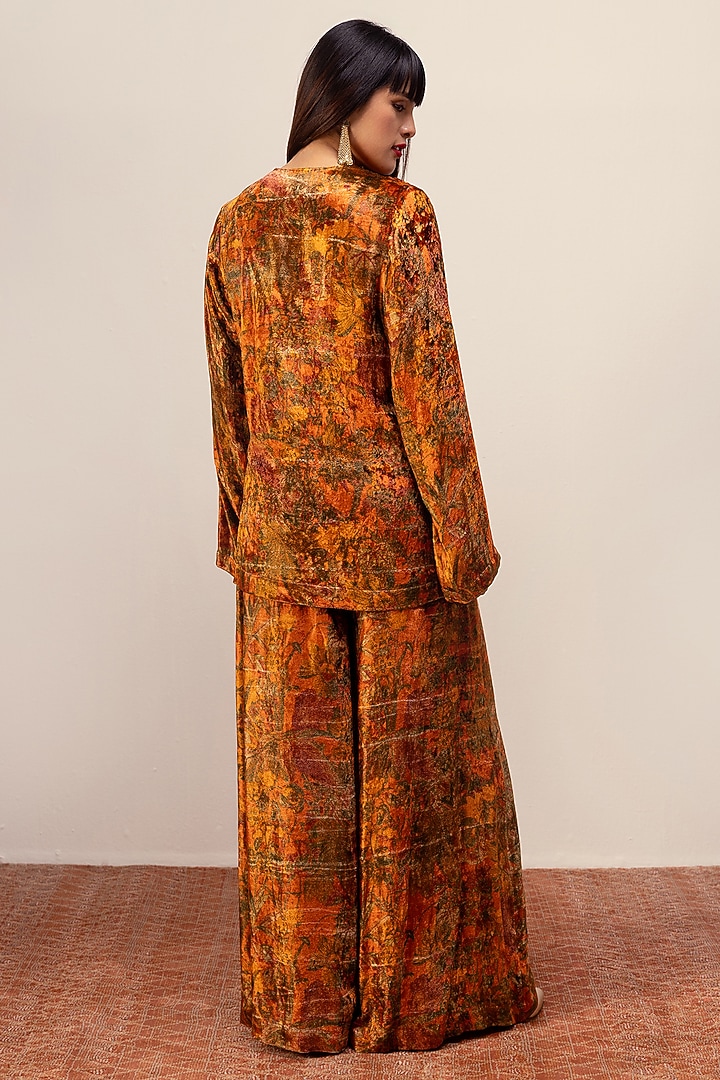Rust Soft Velvet Abstract Floral Printed Co-Ord Set by Reena Sharma at Pernia's Pop Up Shop