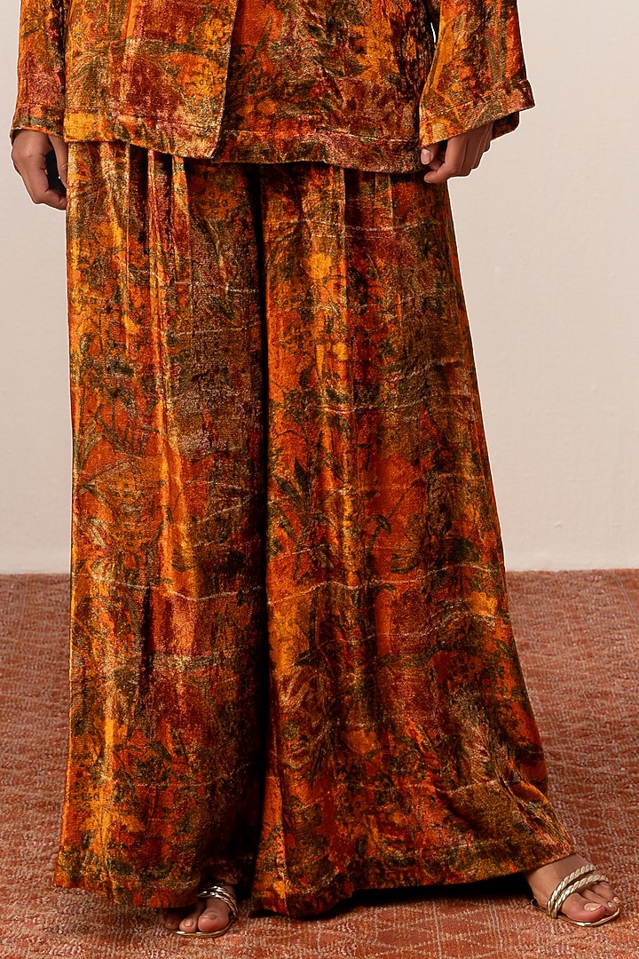 Rust Soft Velvet Abstract Floral Printed Co-Ord Set by Reena Sharma at Pernia's Pop Up Shop