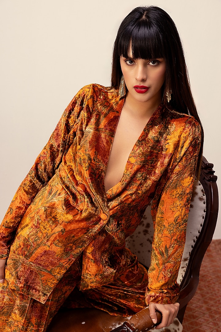 Rust Soft Velvet Abstract Floral Printed Co-Ord Set by Reena Sharma at Pernia's Pop Up Shop