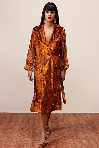 Rust Soft Velvet Abstract Floral Printed Midi Dress by Reena Sharma