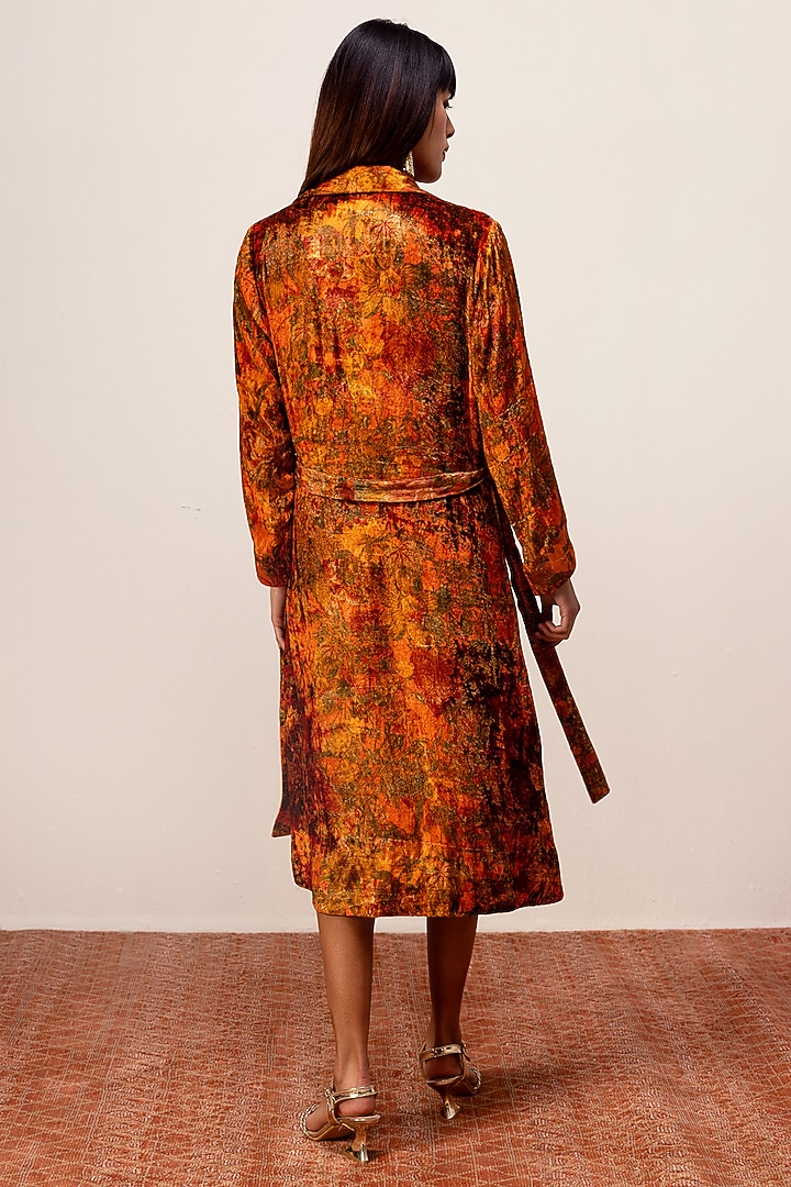 Rust Soft Velvet Abstract Floral Printed Midi Vacation Dress by Reena Sharma at Pernia's Pop Up Shop