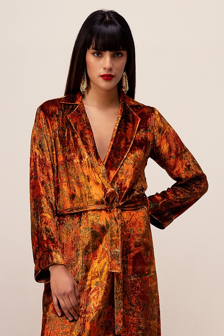 Rust Soft Velvet Abstract Floral Printed Midi Vacation Dress by Reena Sharma at Pernia's Pop Up Shop
