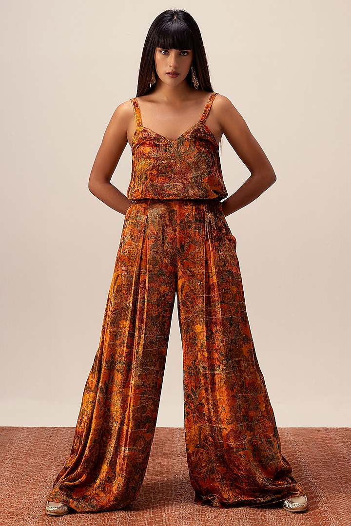 Rust Soft Velvet Abstract Floral Printed Pant Set by Reena Sharma