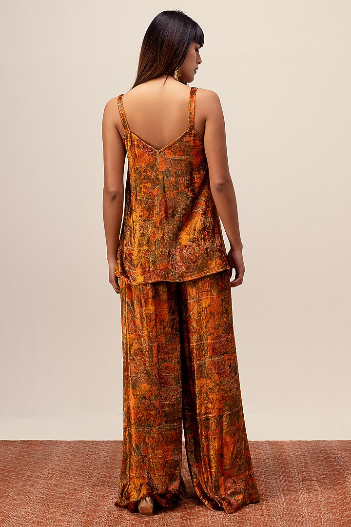Rust Soft Velvet Abstract Floral Printed Pant Set by Reena Sharma at Pernia's Pop Up Shop