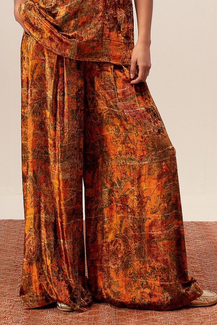 Rust Soft Velvet Abstract Floral Printed Pant Set by Reena Sharma at Pernia's Pop Up Shop