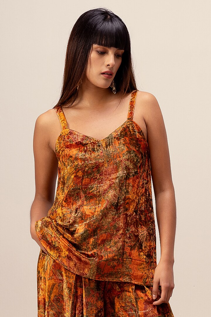 Rust Soft Velvet Abstract Floral Printed Pant Set by Reena Sharma at Pernia's Pop Up Shop