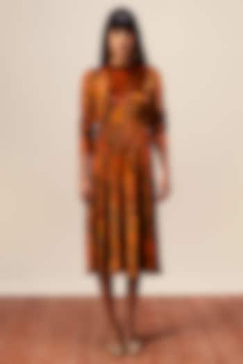 Rust Soft Velvet Abstract Floral Printed Midi Dress by Reena Sharma
