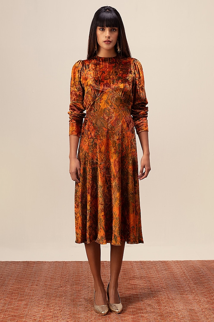 Rust Soft Velvet Abstract Floral Printed Midi Dress by Reena Sharma