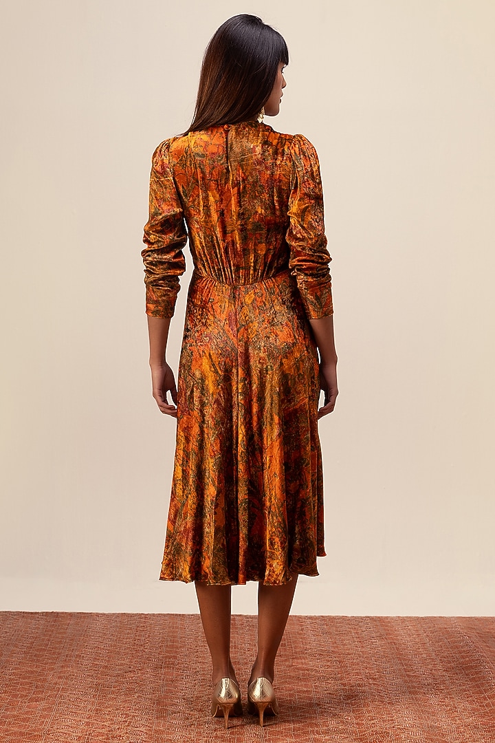 Rust Soft Velvet Abstract Floral Printed Midi Vacation Dress by Reena Sharma at Pernia's Pop Up Shop