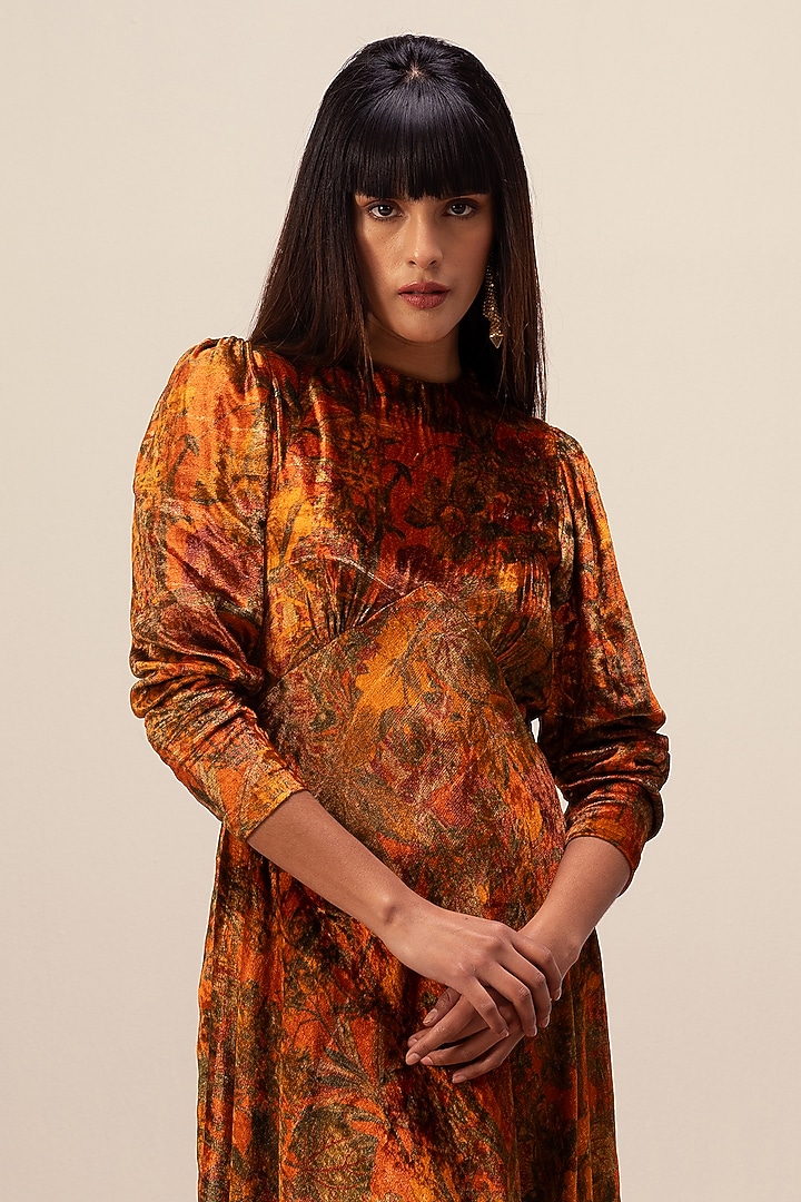 Pernia's Pop Up Shop - Reena Sharma Women Rust Soft Velvet Abstract Floral Printed Midi Dress