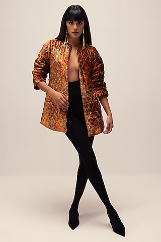 Rust Soft Velvet Abstract Floral Printed Quilted Jacket by Reena Sharma