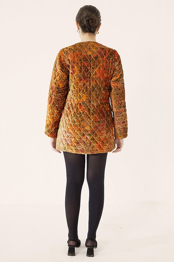 Rust Soft Velvet Abstract Floral Printed Quilted Jacket by Reena Sharma at Pernia's Pop Up Shop
