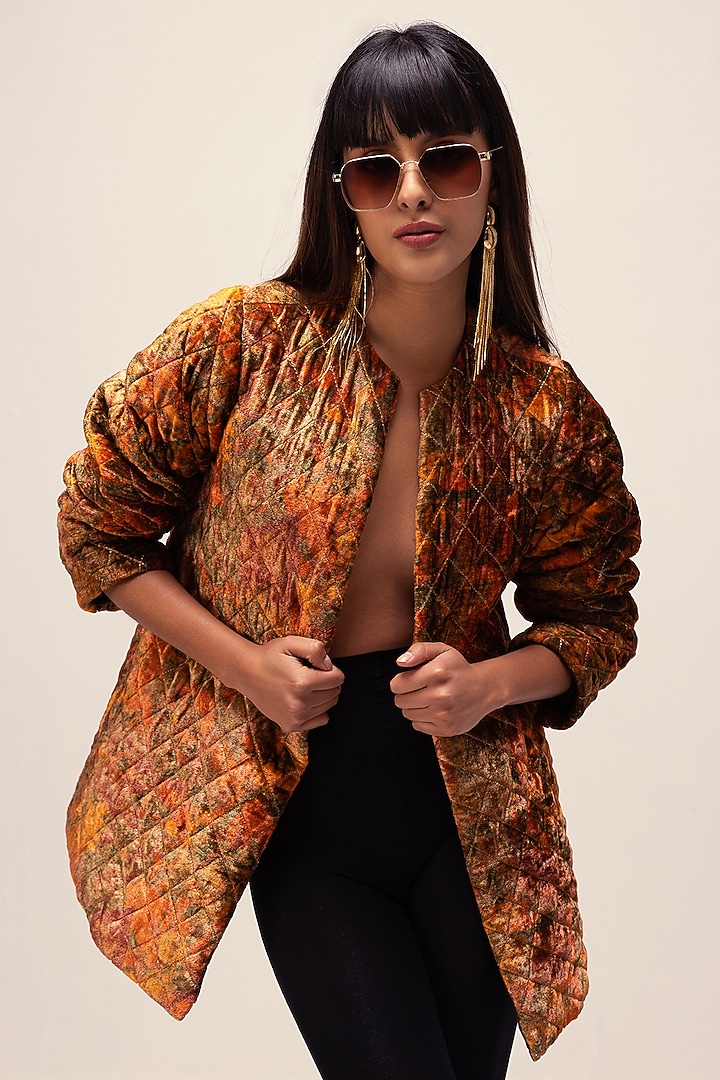 Rust Soft Velvet Abstract Floral Printed Quilted Jacket by Reena Sharma at Pernia's Pop Up Shop