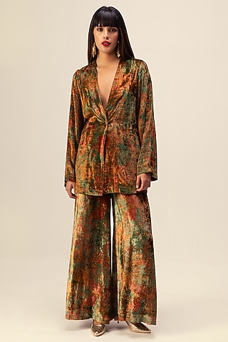 Green Soft Velvet Abstract Floral Printed Co-Ord Set by Reena Sharma