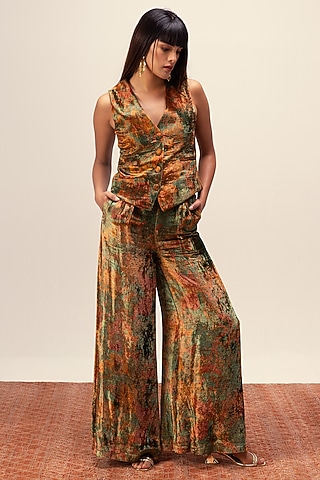 Green Soft Velvet Abstract Floral Printed Pant Set by Reena Sharma