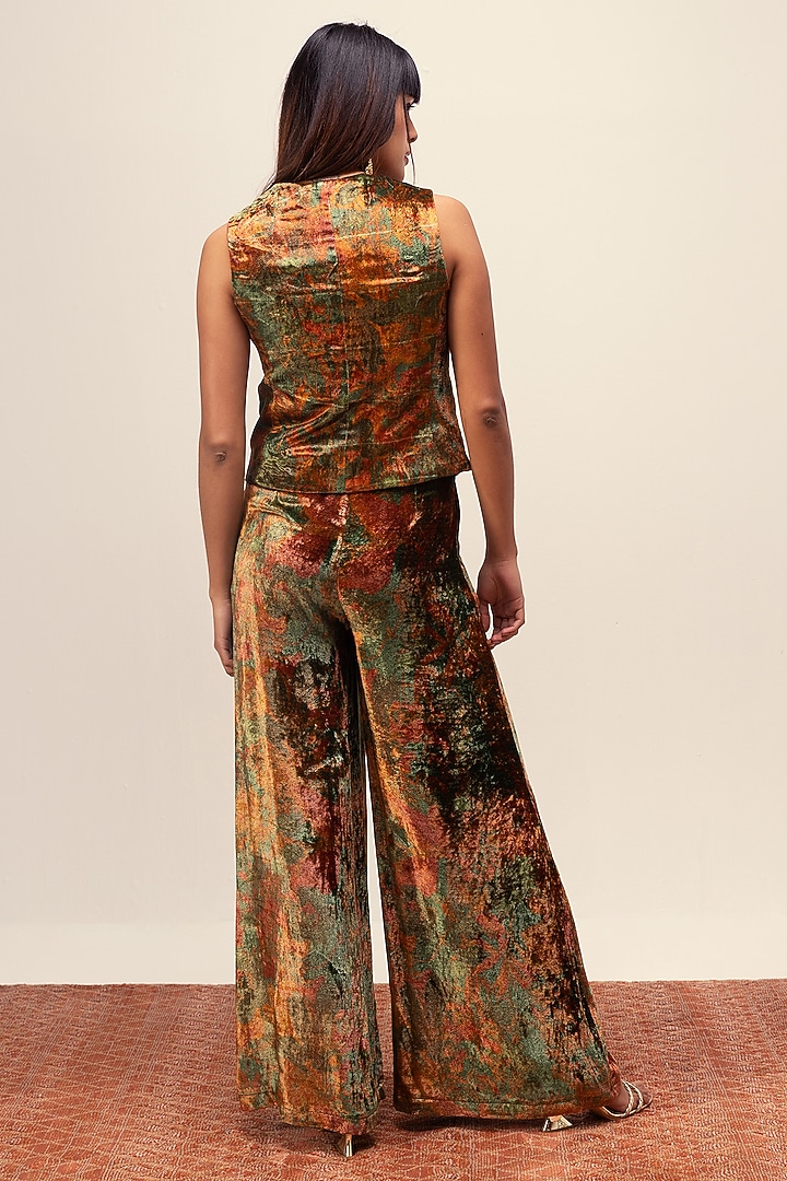 Green Soft Velvet Abstract Floral Printed Pant Set by Reena Sharma at Pernia's Pop Up Shop