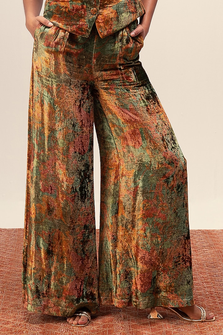 Green Soft Velvet Abstract Floral Printed Pant Set by Reena Sharma at Pernia's Pop Up Shop