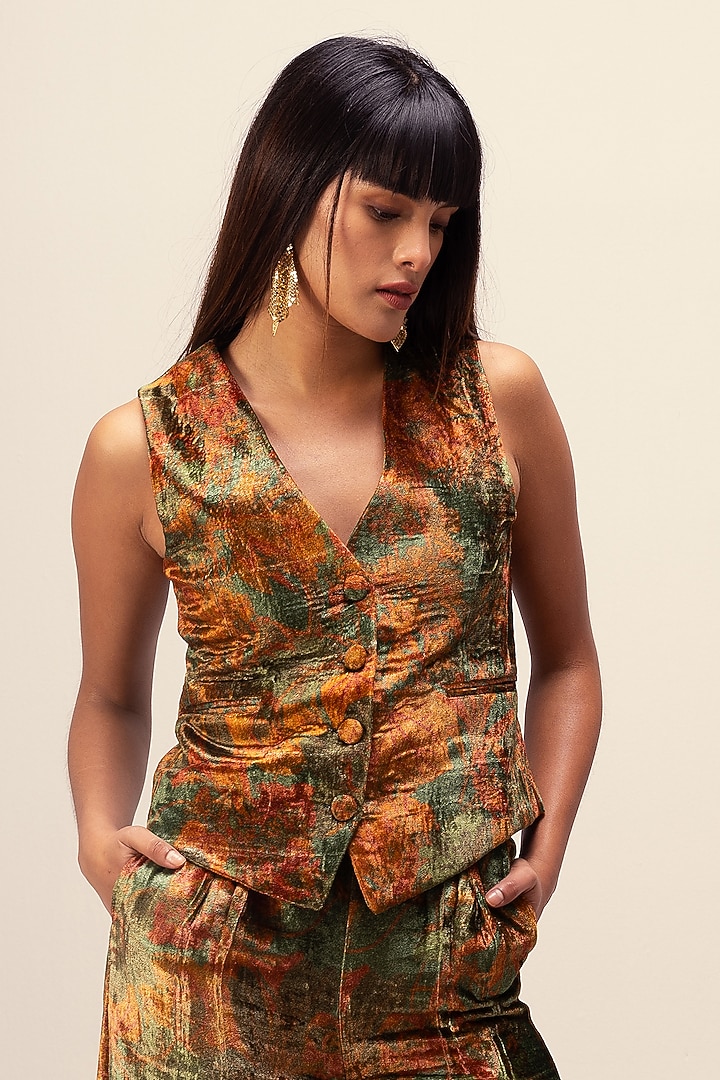 Green Soft Velvet Abstract Floral Printed Pant Set by Reena Sharma at Pernia's Pop Up Shop